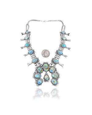 Squash Blossom .925 Sterling Silver Certified Authentic Navajo Native American Natural Turquoise Necklace 35114 Squash Blossom .925 Sterling Silver Certified Authentic Navajo Native American Natural Turquoise Necklace 35114