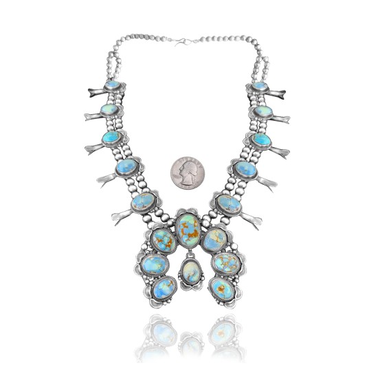 Squash Blossom .925 Sterling Silver Certified Authentic Navajo Native American Natural Turquoise Necklace 35114