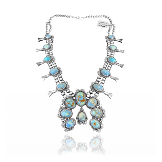 Squash Blossom .925 Sterling Silver Certified Authentic Navajo Native American Natural Turquoise Necklace 35114