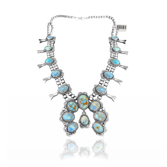 Squash Blossom .925 Sterling Silver Certified Authentic Navajo Native American Natural Turquoise Necklace 35114