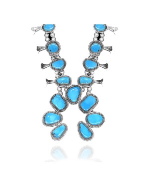 Squash Blossom .925 Sterling Silver Certified Authentic Navajo Native American Natural Turquoise Necklace 35115