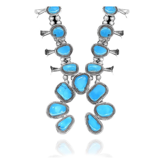 Squash Blossom .925 Sterling Silver Certified Authentic Navajo Native American Natural Turquoise Necklace 35115