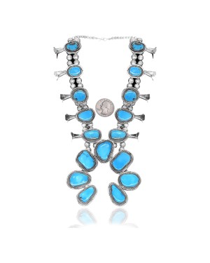 Squash Blossom .925 Sterling Silver Certified Authentic Navajo Native American Natural Turquoise Necklace 35115 Squash Blossom .925 Sterling Silver Certified Authentic Navajo Native American Natural Turquoise Necklace 35115