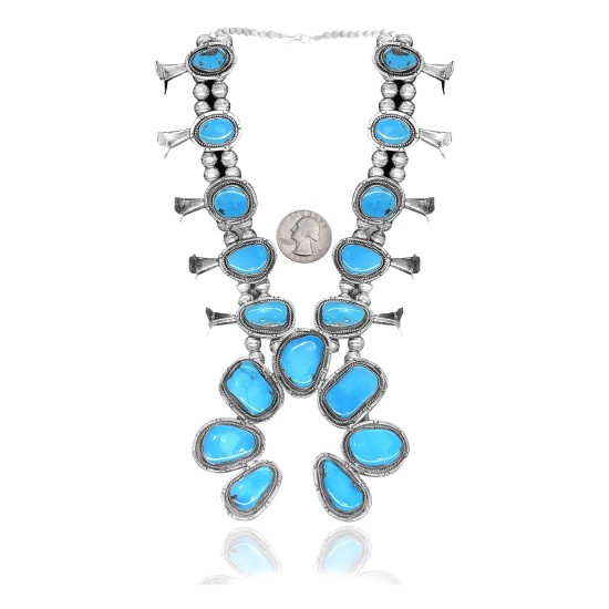 Squash Blossom .925 Sterling Silver Certified Authentic Navajo Native American Natural Turquoise Necklace 35115