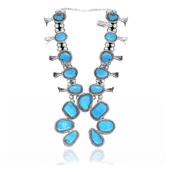 Squash Blossom .925 Sterling Silver Certified Authentic Navajo Native American Natural Turquoise Necklace 35115