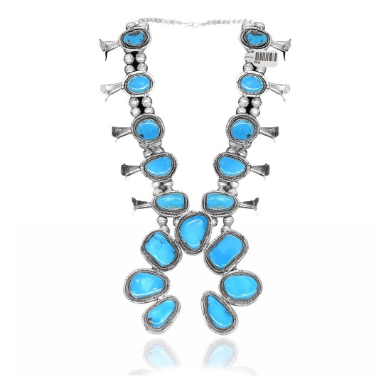 Squash Blossom .925 Sterling Silver Certified Authentic Navajo Native American Natural Turquoise Necklace 35115