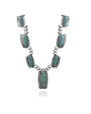 Wave .925 Sterling Silver Certified Authentic Navajo Native American Natural Turquoise Necklace 35116