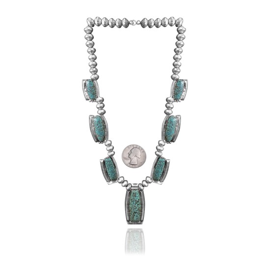 Wave .925 Sterling Silver Certified Authentic Navajo Native American Natural Turquoise Necklace 35116