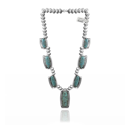 Wave .925 Sterling Silver Certified Authentic Navajo Native American Natural Turquoise Necklace 35116