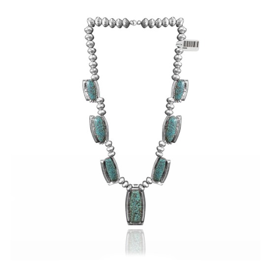 Wave .925 Sterling Silver Certified Authentic Navajo Native American Natural Turquoise Necklace 35116