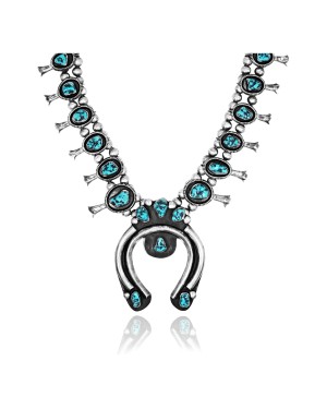 Squash Blossom .925 Sterling Silver Certified Authentic Navajo Native American Natural Turquoise Necklace 35119