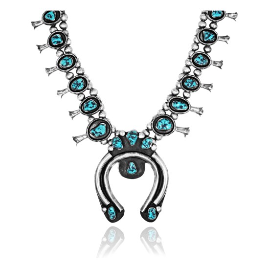 Squash Blossom .925 Sterling Silver Certified Authentic Navajo Native American Natural Turquoise Necklace 35119