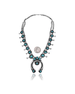 Squash Blossom .925 Sterling Silver Certified Authentic Navajo Native American Natural Turquoise Necklace 35119 Squash Blossom .925 Sterling Silver Certified Authentic Navajo Native American Natural Turquoise Necklace 35119