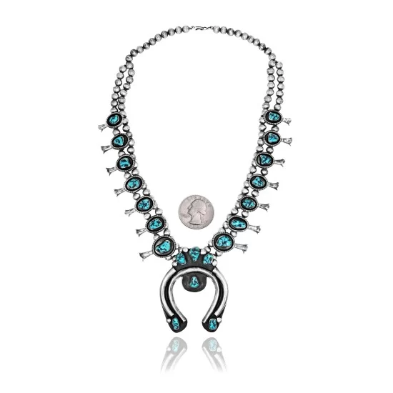Squash Blossom .925 Sterling Silver Navajo Native American Natural Turquoise Necklace 35119 Squash Blossom .925 Sterling Silver Navajo Native American Natural Turquoise Necklace 35119