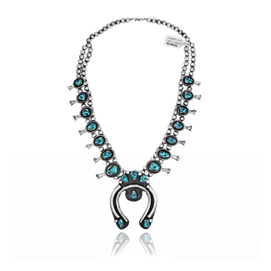 Squash Blossom .925 Sterling Silver Certified Authentic Navajo Native American Natural Turquoise Necklace 35119