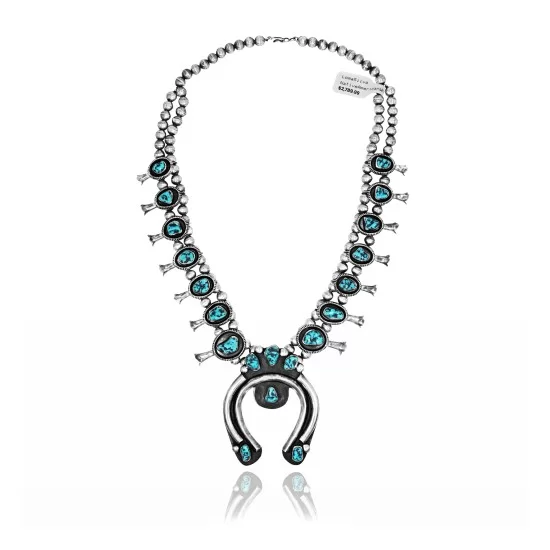 Squash Blossom .925 Sterling Silver Navajo Native American Natural Turquoise Necklace 35119 Squash Blossom .925 Sterling Silver Navajo Native American Natural Turquoise Necklace 35119