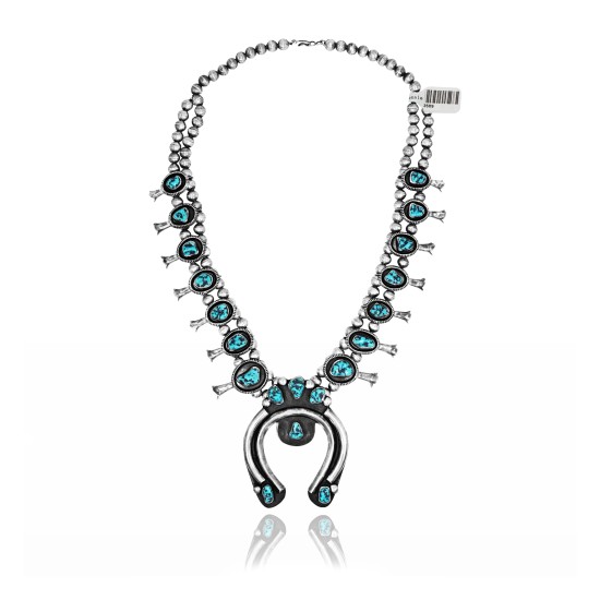 Squash Blossom .925 Sterling Silver Certified Authentic Navajo Native American Natural Turquoise Necklace 35119