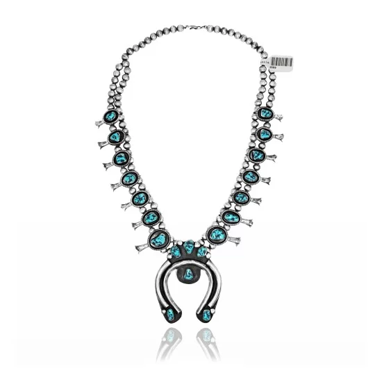 Squash Blossom .925 Sterling Silver Navajo Native American Natural Turquoise Necklace 35119 Squash Blossom .925 Sterling Silver Navajo Native American Natural Turquoise Necklace 35119