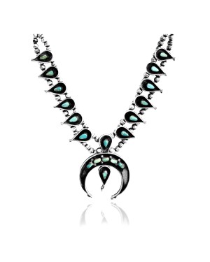 Squash Blossom .925 Sterling Silver Certified Authentic Navajo Native American Natural Turquoise Necklace 35120