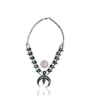 Squash Blossom .925 Sterling Silver Certified Authentic Navajo Native American Natural Turquoise Necklace 35120 Squash Blossom .925 Sterling Silver Certified Authentic Navajo Native American Natural Turquoise Necklace 35120