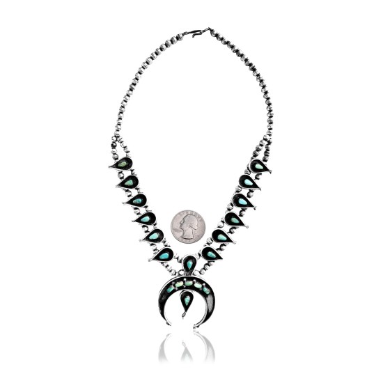 Squash Blossom .925 Sterling Silver Certified Authentic Navajo Native American Natural Turquoise Necklace 35120