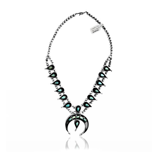 Squash Blossom .925 Sterling Silver Certified Authentic Navajo Native American Natural Turquoise Necklace 35120