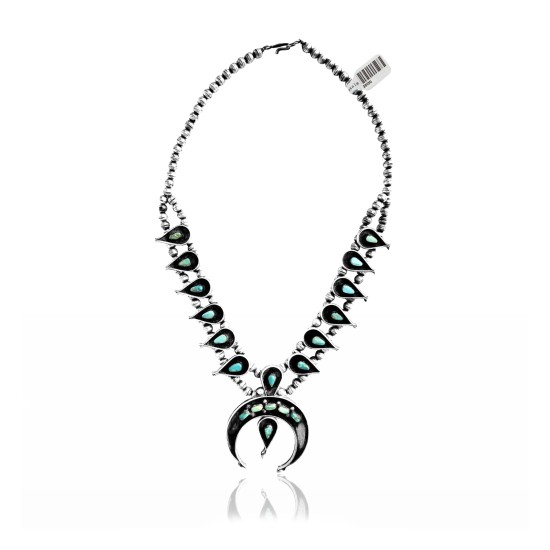 Squash Blossom .925 Sterling Silver Certified Authentic Navajo Native American Natural Turquoise Necklace 35120
