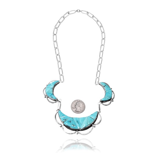 Flower .925 Sterling Silver Certified Authentic Navajo Native American Natural Turquoise Necklace 35121