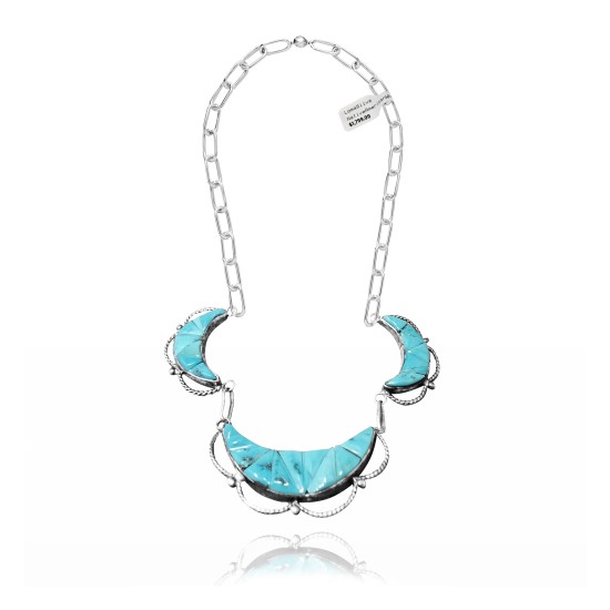 Flower .925 Sterling Silver Certified Authentic Navajo Native American Natural Turquoise Necklace 35121