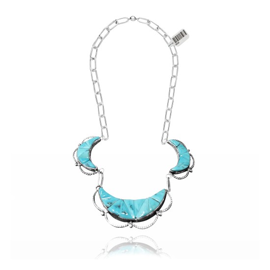Flower .925 Sterling Silver Certified Authentic Navajo Native American Natural Turquoise Necklace 35121