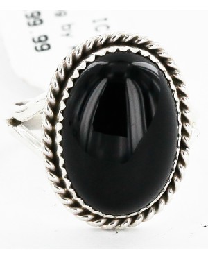 .925 Sterling Silver Oval Handmade Certified Authentic Navajo Natural Black Onyx Native American Ring  12831-3