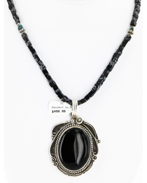 .925 Sterling Silver Handmade Certified Authentic Navajo Inlaid Natural Turquoise Snowflake Black Onyx Native American Necklace 24409-1-1588