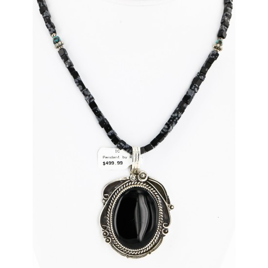 .925 Sterling Silver Handmade Certified Authentic Navajo Inlaid Natural Turquoise Snowflake Black Onyx Native American Necklace 24409-1-1588