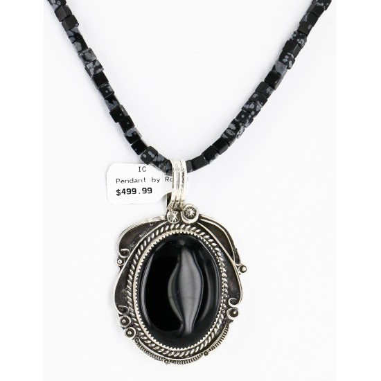 .925 Sterling Silver Handmade Certified Authentic Navajo Inlaid Natural Turquoise Snowflake Black Onyx Native American Necklace 24409-1-1588
