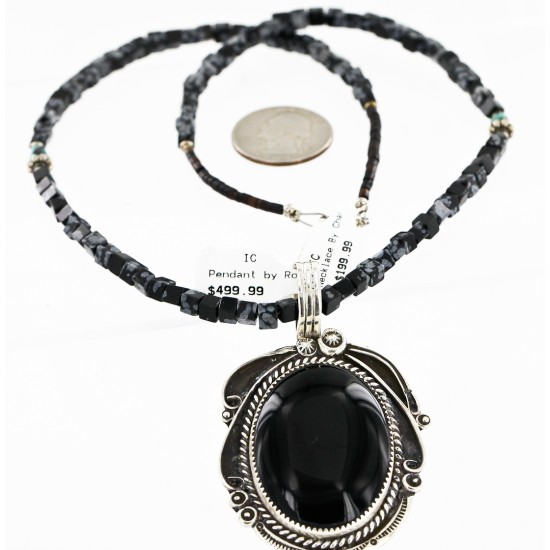 .925 Sterling Silver Handmade Certified Authentic Navajo Inlaid Natural Turquoise Snowflake Black Onyx Native American Necklace 24409-1-1588
