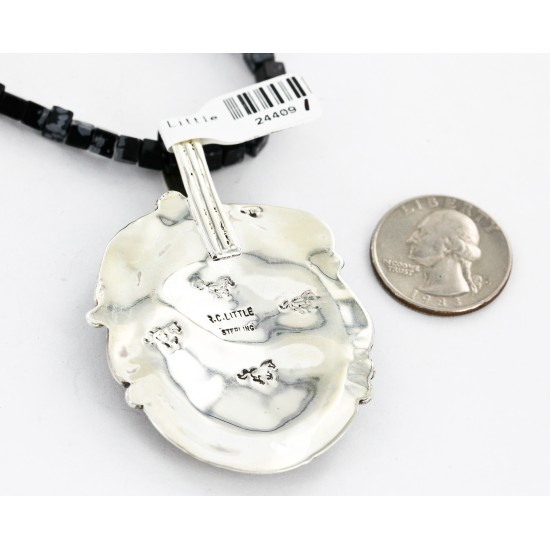 .925 Sterling Silver Handmade Certified Authentic Navajo Inlaid Natural Turquoise Snowflake Black Onyx Native American Necklace 24409-1-1588