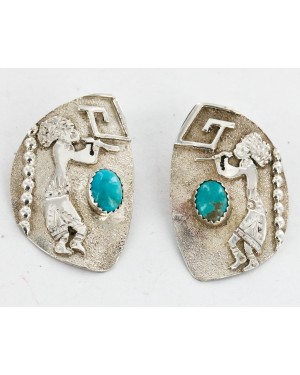 .925 Sterling Silver Handmade KOKOPELI Certified Authentic Navajo Natural Turquoise Stud Native American Earrings 27177-1