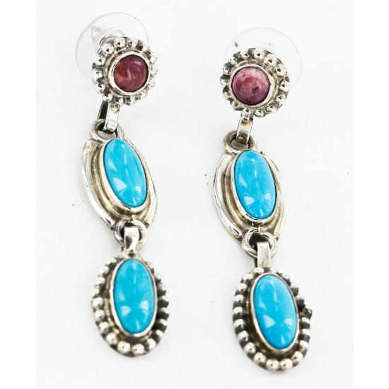 Certified Authentic Handmade Navajo .925 Sterling Silver Natural Turquoise Purple Spiny Oyster Native American Dangle Earrings 27162-4