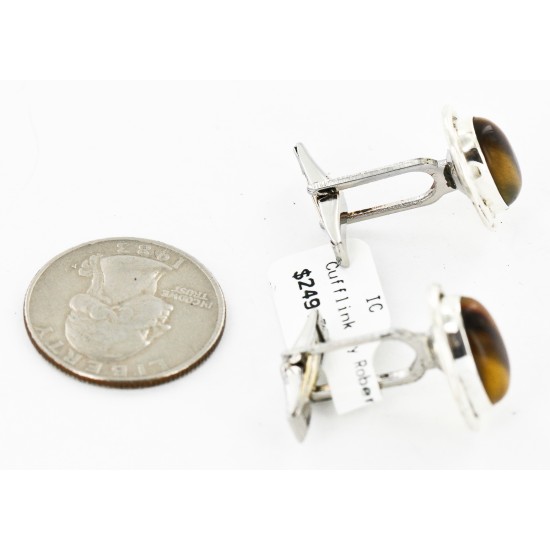 Handmade Certified Authentic Navajo .925 Sterling Silver Natural Tigers Eye Native American Cuff Links 19109-2