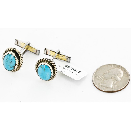 Handmade Certified Authentic Navajo .925 Sterling Silver Natural Turquoise Native American Cuff Links 19109-1