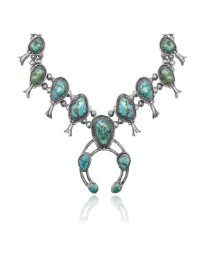 Squash Blossom .925 Sterling Silver Certified Authentic Navajo Native American Natural Turquoise Necklace 35124