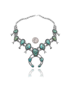 Squash Blossom .925 Sterling Silver Certified Authentic Navajo Native American Natural Turquoise Necklace 35124