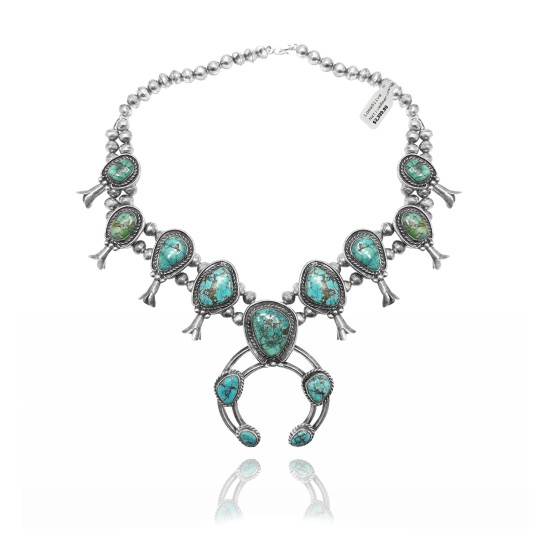 Squash Blossom .925 Sterling Silver Certified Authentic Navajo Native American Natural Turquoise Necklace 35124