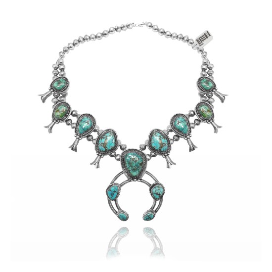 Squash Blossom .925 Sterling Silver Certified Authentic Navajo Native American Natural Turquoise Necklace 35124