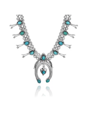 Squash Blossom .925 Sterling Silver Certified Authentic Navajo Native American Natural Turquoise Necklace 35125