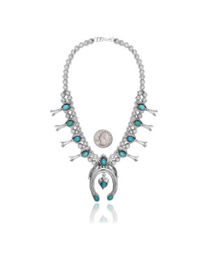 Squash Blossom .925 Sterling Silver Certified Authentic Navajo Native American Natural Turquoise Necklace 35125