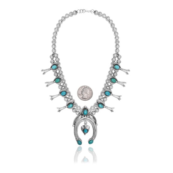 Squash Blossom .925 Sterling Silver Certified Authentic Navajo Native American Natural Turquoise Necklace 35125