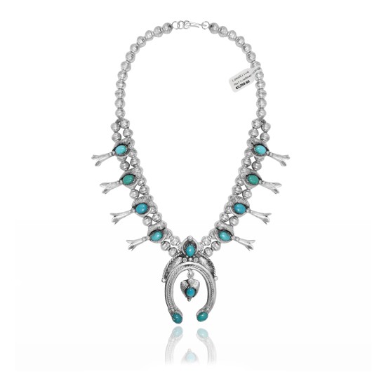 Squash Blossom .925 Sterling Silver Certified Authentic Navajo Native American Natural Turquoise Necklace 35125