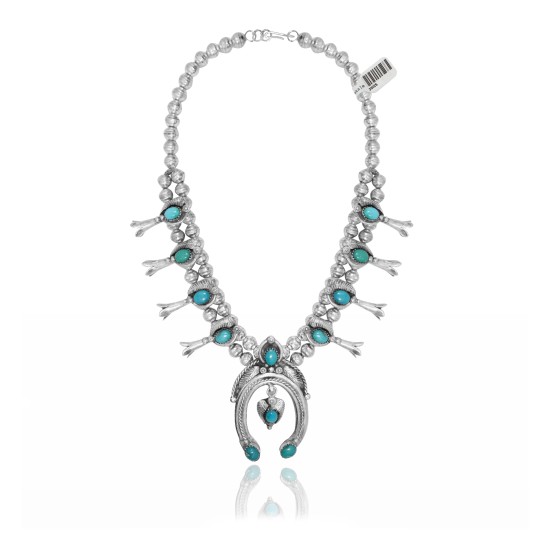 Squash Blossom .925 Sterling Silver Certified Authentic Navajo Native American Natural Turquoise Necklace 35125