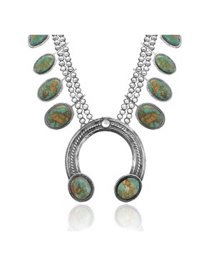 Squash Blossom .925 Sterling Silver Certified Authentic Handmade Navajo Native American Natural Turquoise Necklace 35122